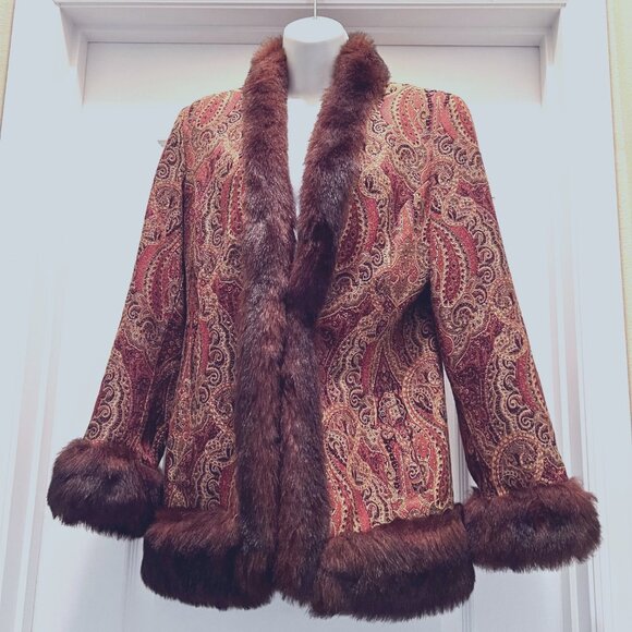 Newport News Jackets & Blazers - Newport News-Vintage Paisley Print Faux Fur Coat/Jacket-Hook Closure-Pockets-10